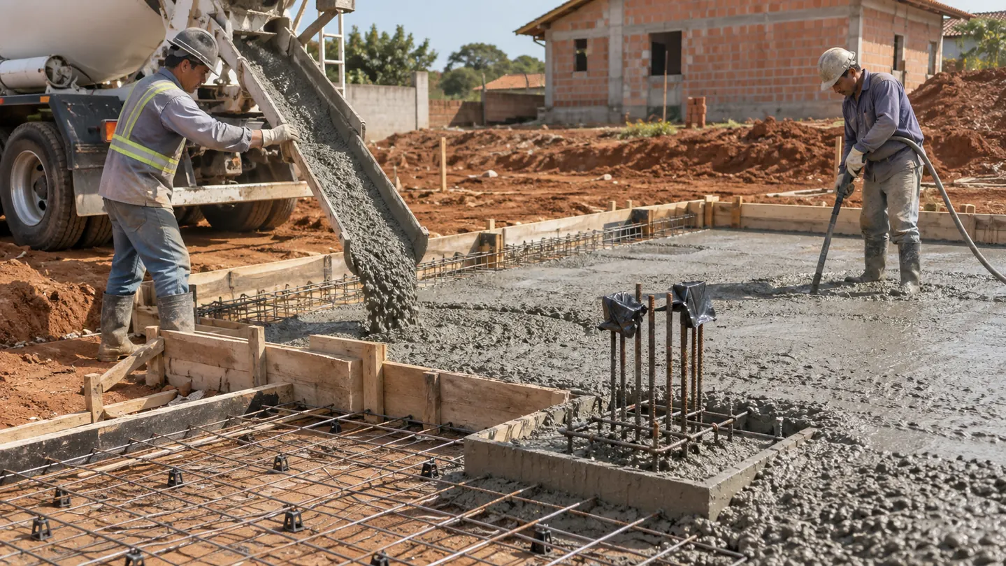 Concreto descendo da calha da betoneira para sapatas e baldrames armados